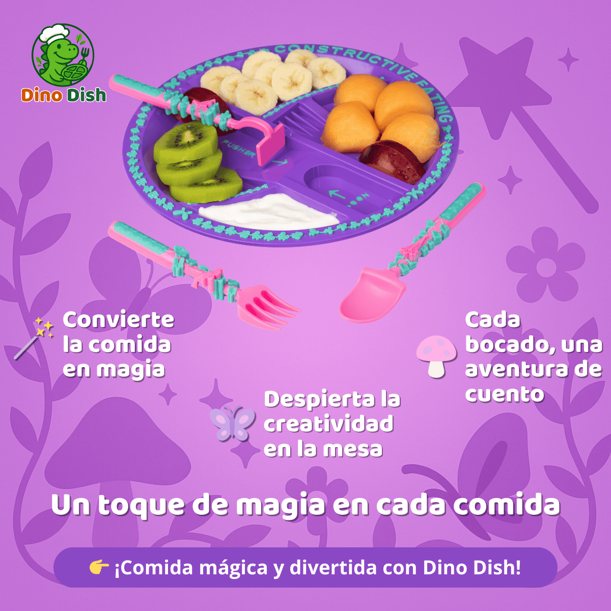 Infografía del set de platos y cubiertos Dino Dish con temática de cuento de hadas en color morado. Incluye frases como 'Convierte la comida en magia' y 'Cada bocado, una aventura de cuento' junto a los utensilios y plato temático.