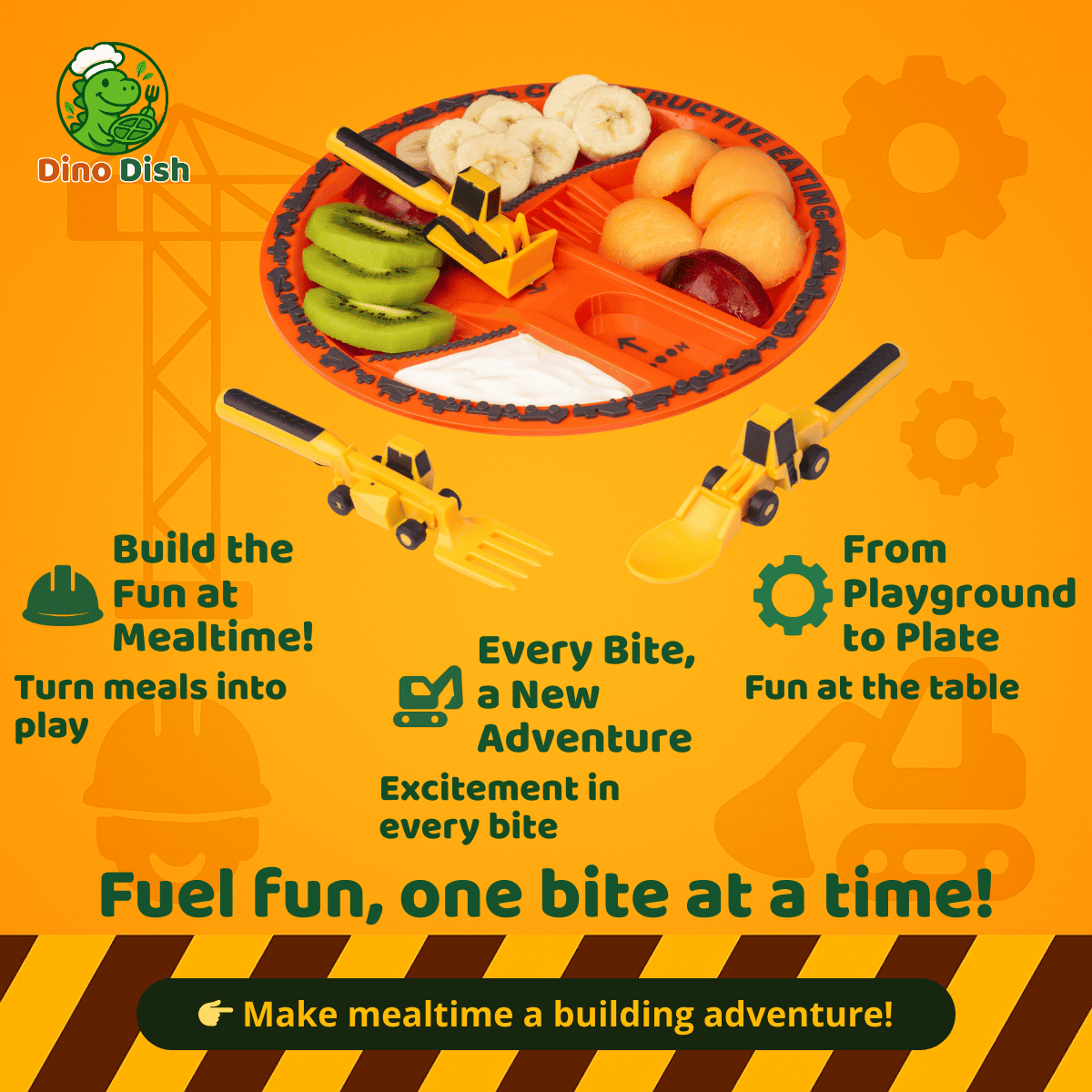 Orange promotional graphic featuring Dino Dish kids construction-themed plate and utensil set, highlighting fun mealtime, play, and building adventure.