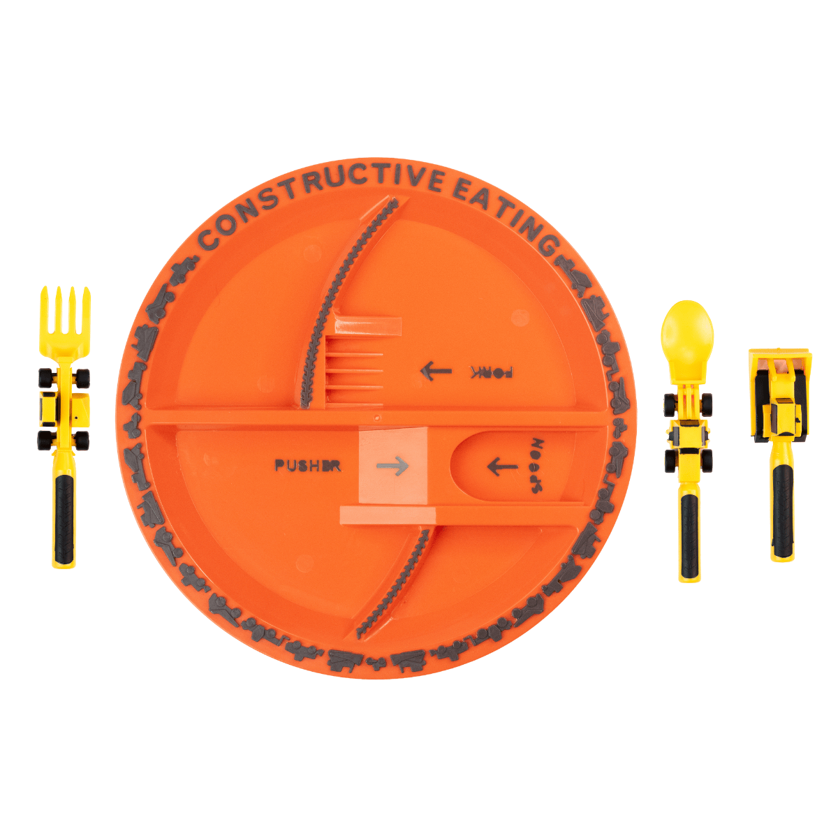 Orange kids plate with construction truck-themed fork, spoon, and pusher utensils from Constructive Eating.