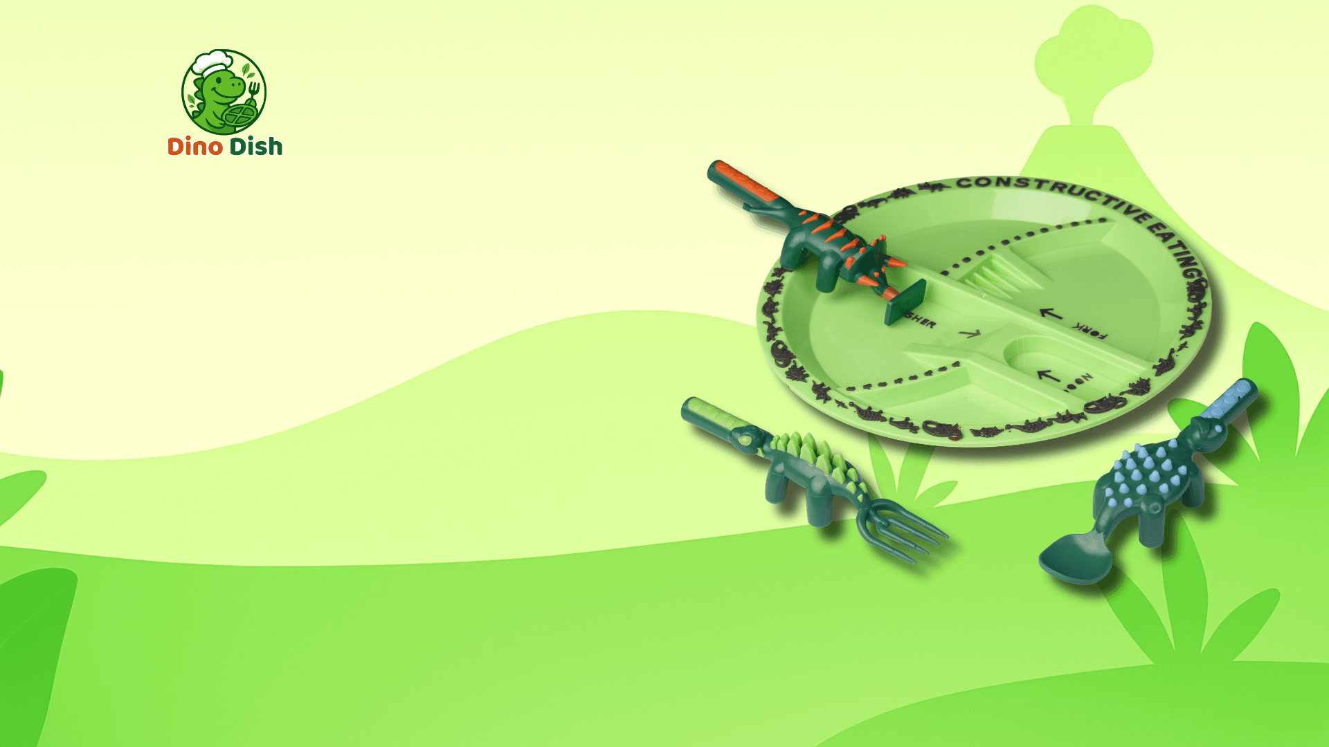 Hero image of Dino Dish dinosaur-themed kids' plate with matching utensils on a green prehistoric background.