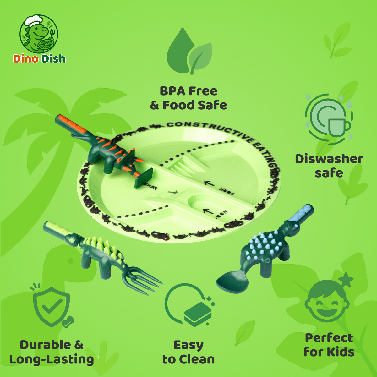 Infographic of Dino Dish kids mealtime set highlighting BPA free, dishwasher safe, easy to clean, durable, and kid-friendly features.