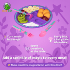 Purple promotional graphic featuring Dino Dish kids fairy-themed plate and utensils, highlighting magical mealtime, creativity, and fairy-tale adventure.