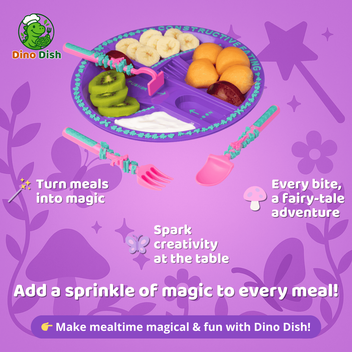 Purple promotional graphic featuring Dino Dish kids fairy-themed plate and utensils, highlighting magical mealtime, creativity, and fairy-tale adventure.
