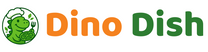 Dino Dish logo with a smiling green dinosaur chef holding a plate and fork, with bold orange and green brand name text.
