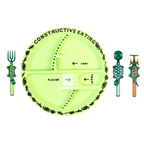Green kids plate with dinosaur-themed fork, spoon, and pusher utensils from Constructive Eating.
