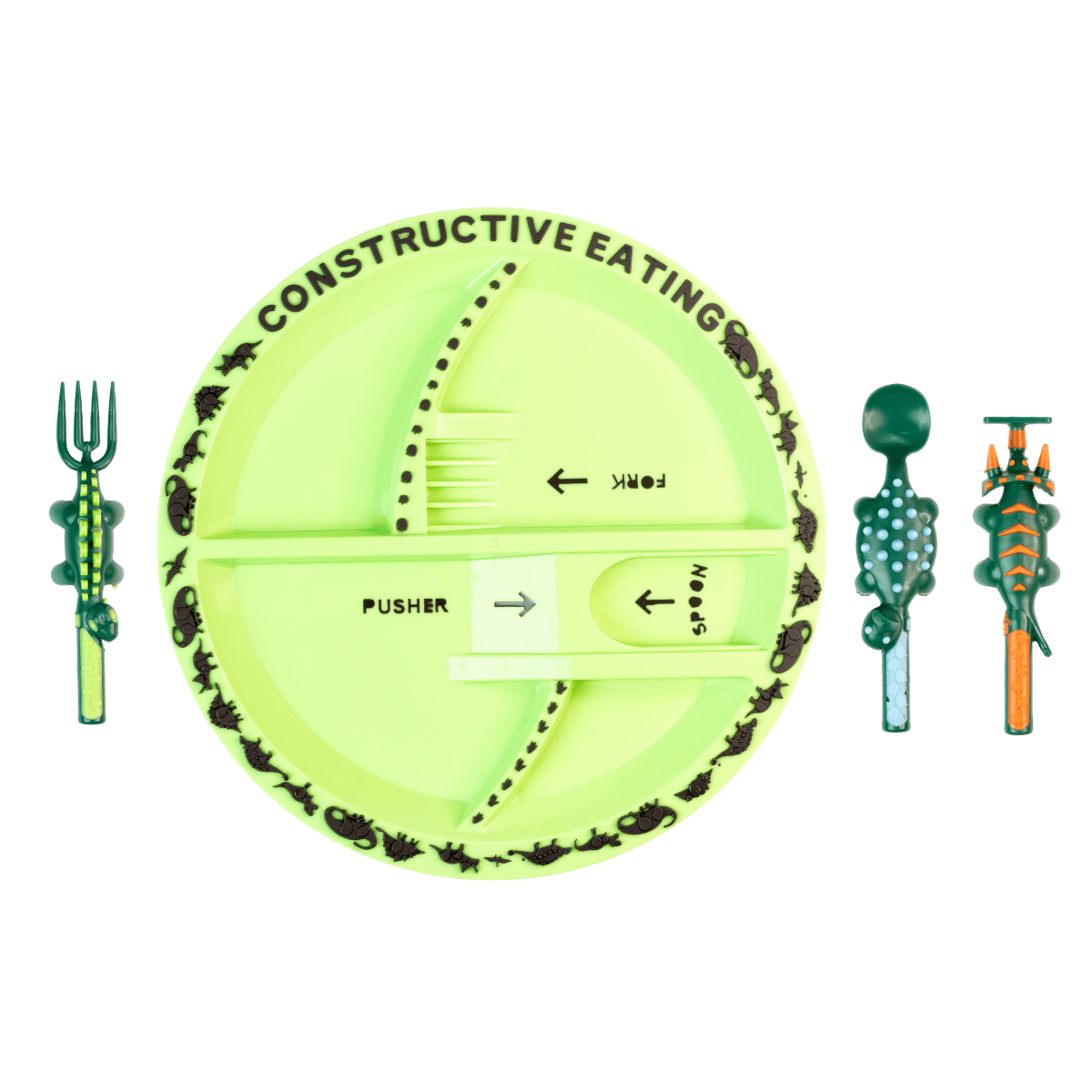 Green kids plate with dinosaur-themed fork, spoon, and pusher utensils from Constructive Eating.