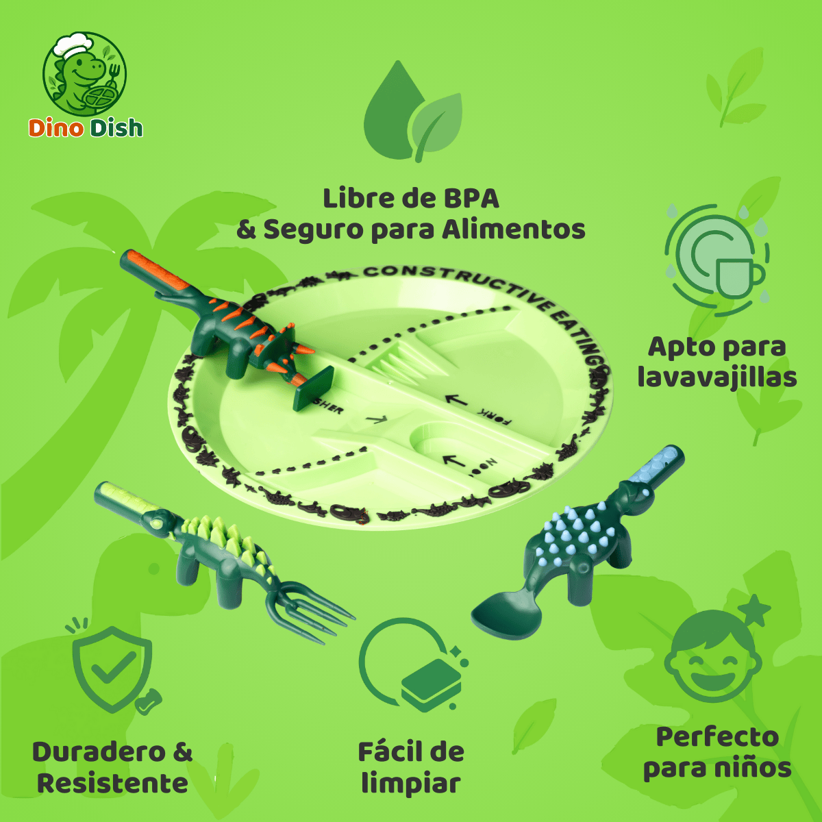 Infografía Dino Dish mostrando platos y utensilios infantiles verdes con diseño de dinosaurio. Destaca beneficios: libre de BPA y seguro para alimentos, apto para lavavajillas, duradero y resistente, fácil de limpiar y perfecto para niños.