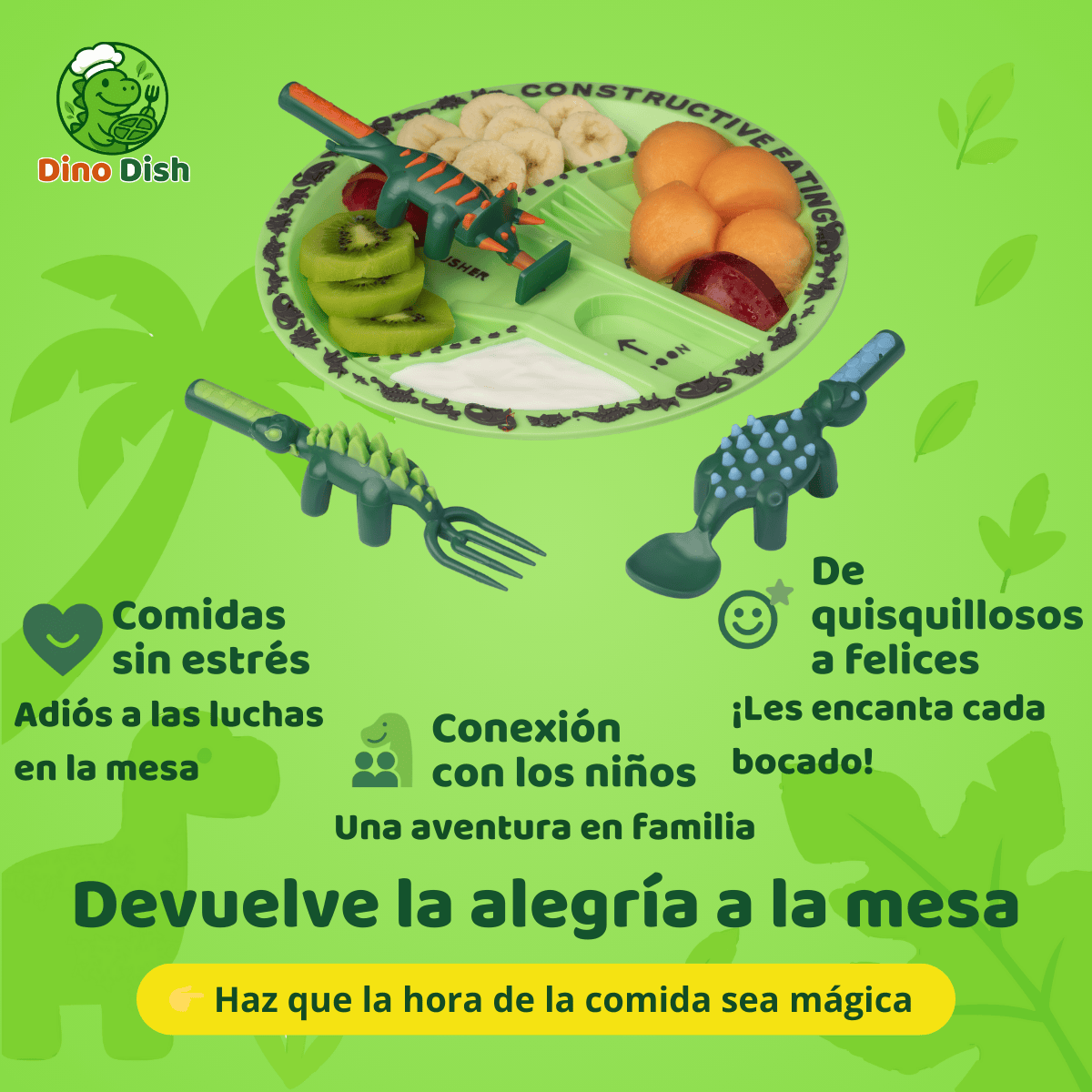 Infografía del set infantil Dino Dish mostrando platos y cubiertos libres de BPA, fáciles de limpiar, duraderos y seguros para niños. Resalta comidas sin estrés, conexión familiar y diversión en cada bocado.