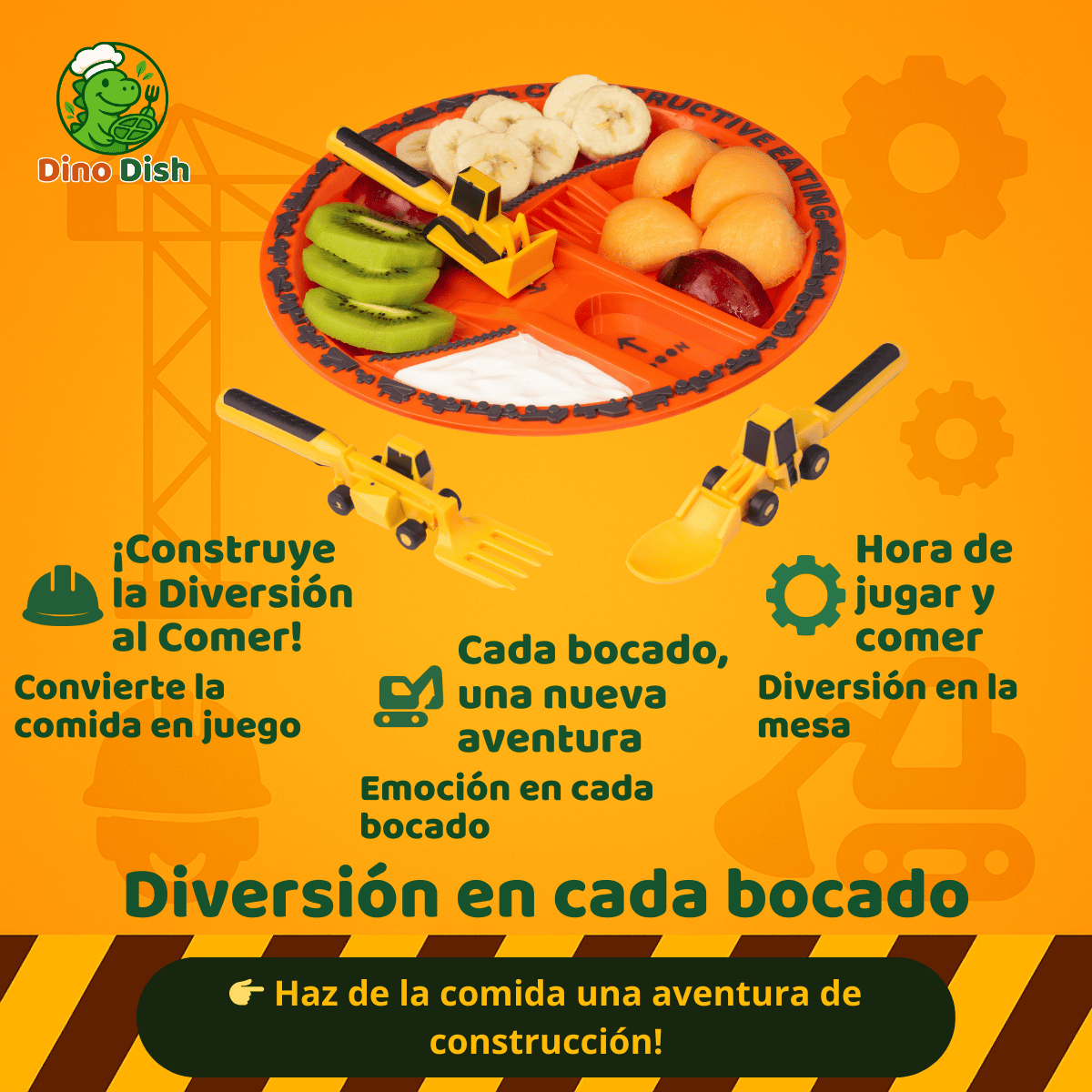 Infografía de set infantil Dino Dish con temática de construcción. Incluye plato naranja con divisiones y utensilios en forma de maquinaria, resaltando diversión y beneficios en la hora de la comida.