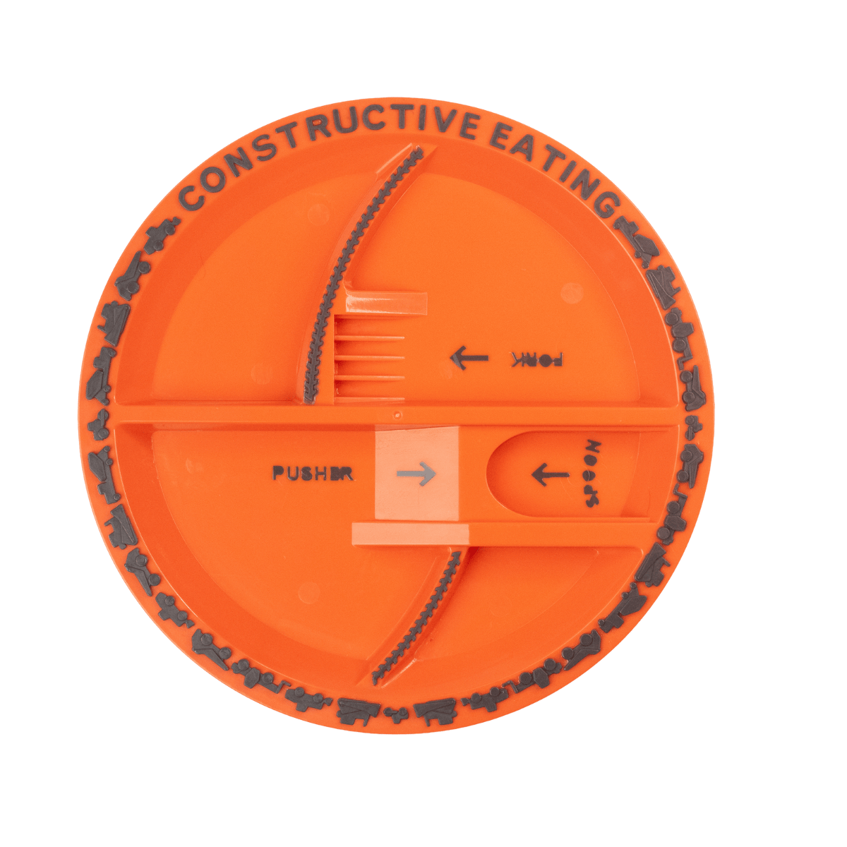 Orange construction-themed kids plate from Dino Dish with divided sections for fun and easy mealtime.