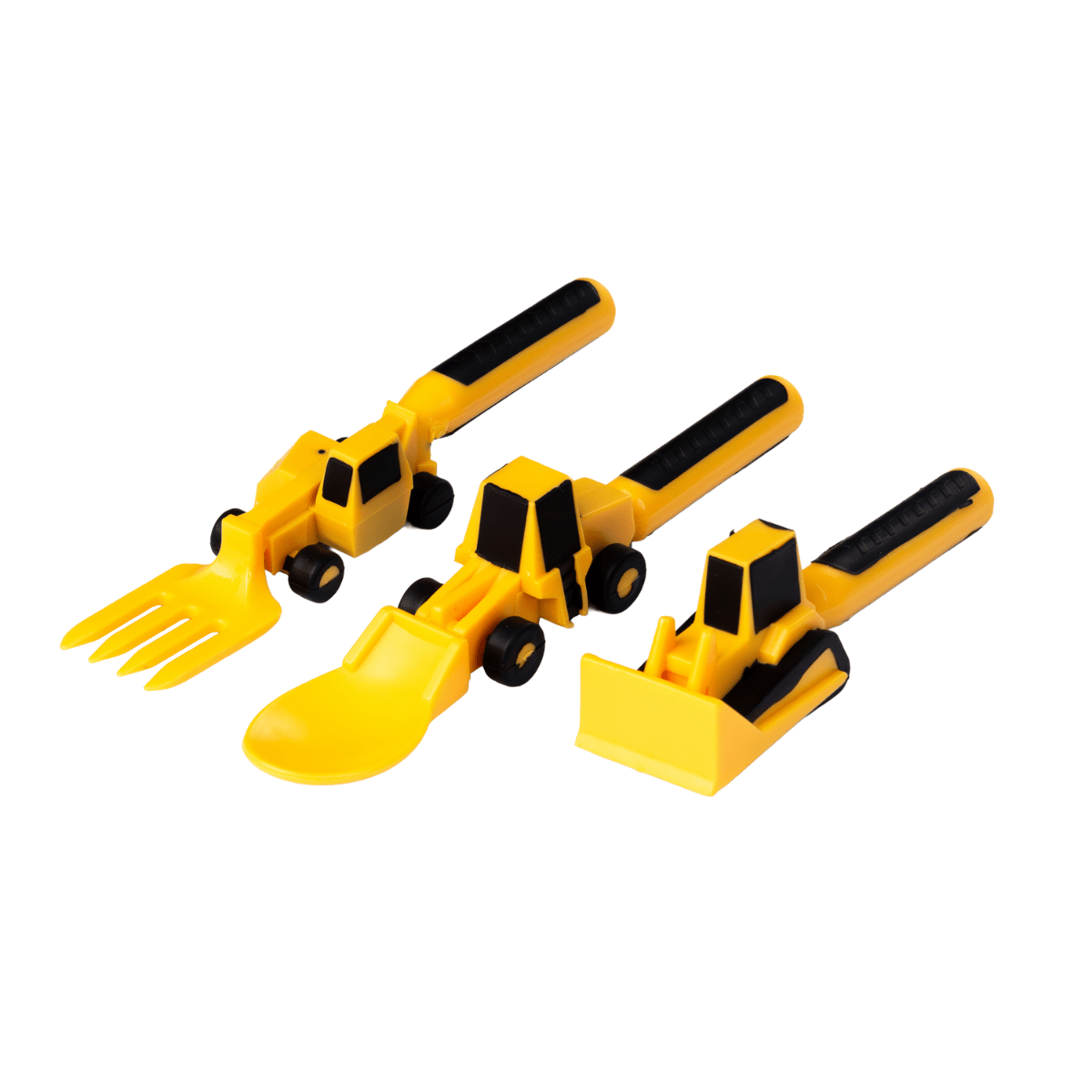 Kids construction-themed utensil set from Dino Dish including yellow truck fork, spoon, and pusher for fun mealtime.