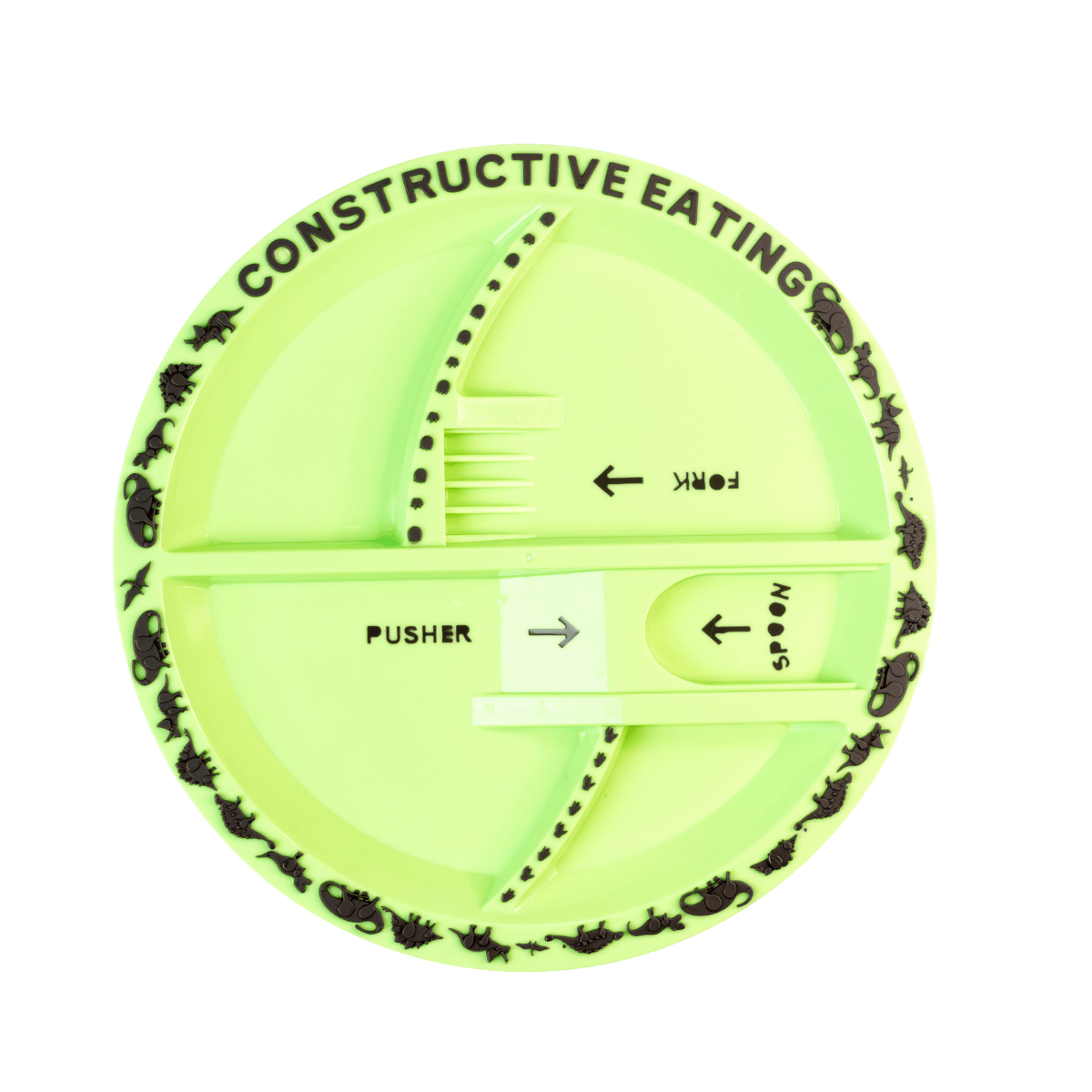 Green dinosaur-themed kids plate from Dino Dish with divided sections for fun and easy mealtime.