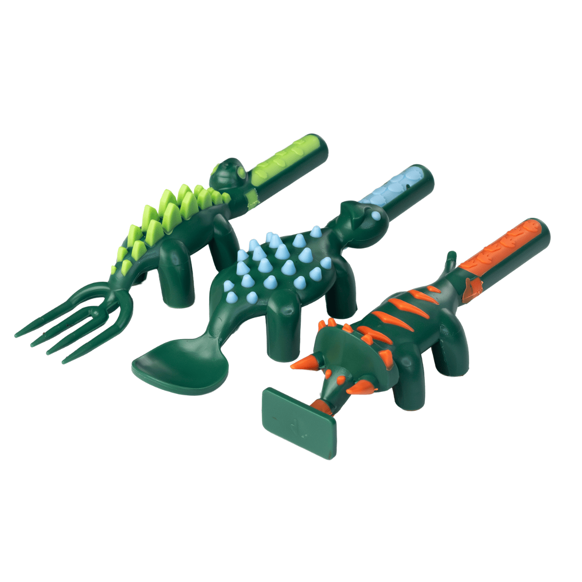 Kids dinosaur-themed utensil set from Dino Dish including green dino fork, spoon, and pusher for fun mealtime.