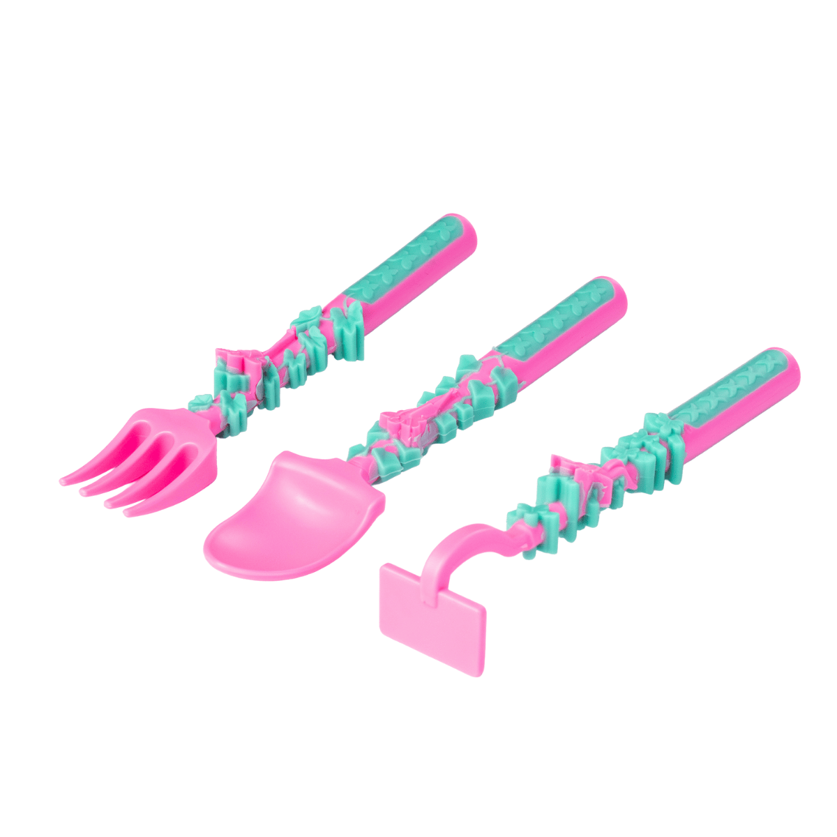 Kids fairy-themed utensil set from Dino Dish including pink and teal fork, spoon, and pusher for magical mealtime fun.